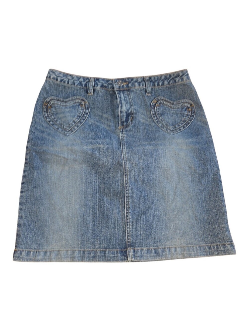 Y2k Blue Denim A-Line Skirt with Heart Patch Pockets Zana * Di Size 5